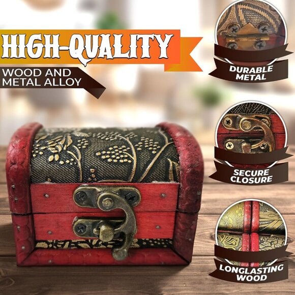 Small Wooden Treasure Chest Box with Lid Decorative Mini Jewelry Storage Box - Picture 3 of 10